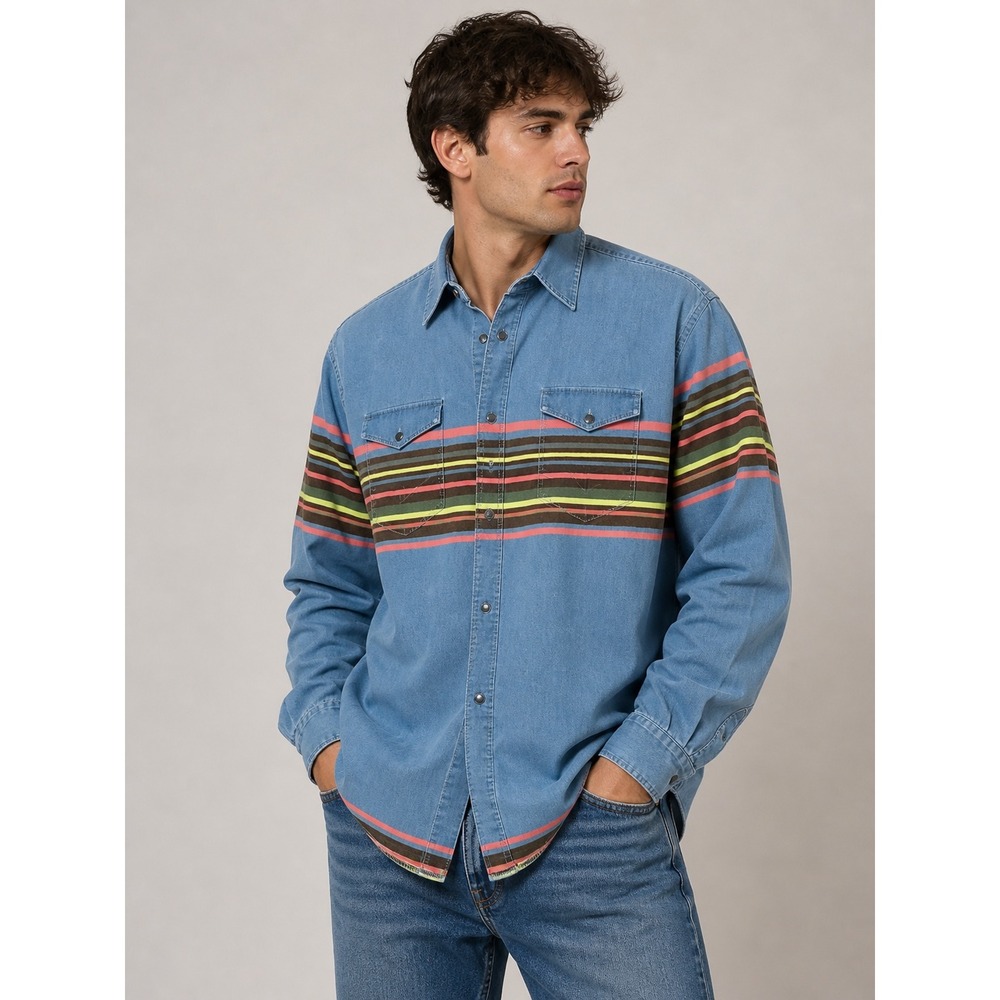 Wrangler Mens Western Shirt Blue Multi Color Stripe Tall Fit 18.5 x 37 V297-001A